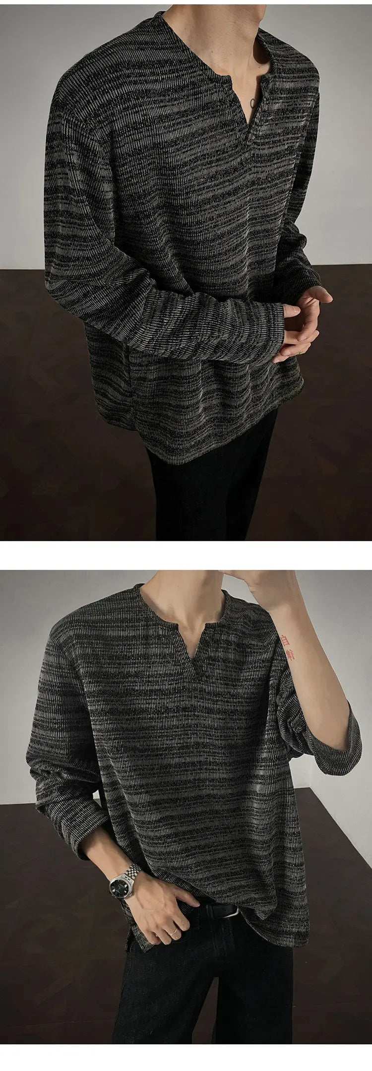 Threebooy 2025 New Fall Mens Long Sleeve Tshirt Soft Comfortable Casual Knitted Shirt V Neck Top Fashion Mens Clothing Teen Boys Clothing