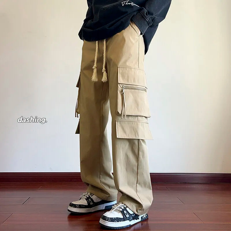 Threebooy Cargo Pants Men Fashion Retro Pocket Casual Pants Men Japanese Streetwear Hip-hop Loose Wide Leg Pants Mens Vintage Trousers