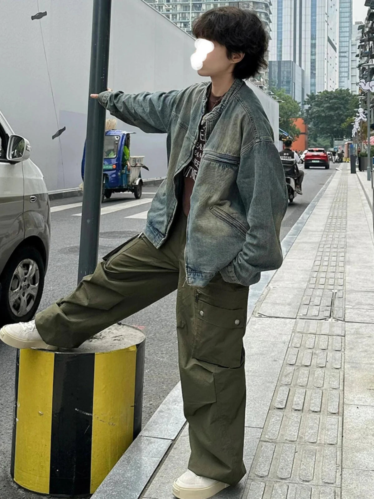 Threebooy Waed adual Denim Jaet Men's Spring Autumn Zipper Cardigan American Retro Jaet Heavy Work Small Stand Collar Jeans Coat