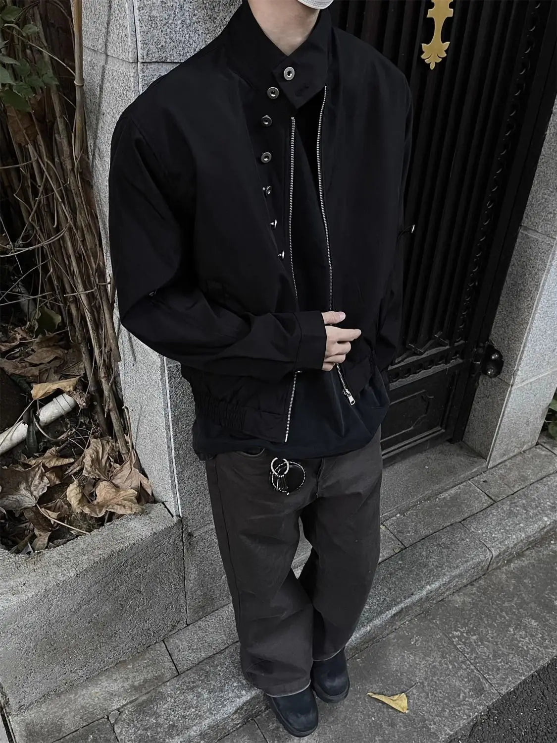 Threebooy American Retro Multi-button Stand Collar Design Jacket Men Korean Hip Hop Coat High Street Hip-hop Solid Color Classic Jacket