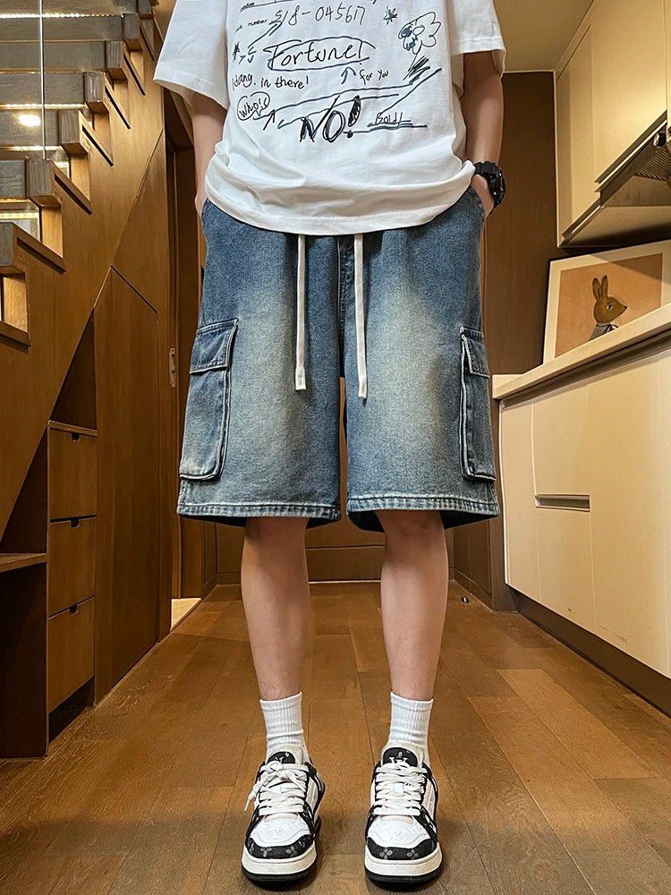 Threebooy  Summer Men's Cargo Denim Shorts Baggy Straight Fashion Casual Wide Leg Short Pants Big Pocket Beach Vacation Short Jeans Male