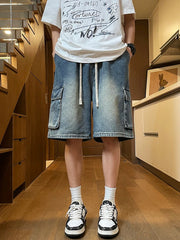 Threebooy  Summer Men's Cargo Denim Shorts Baggy Straight Fashion Casual Wide Leg Short Pants Big Pocket Beach Vacation Short Jeans Male