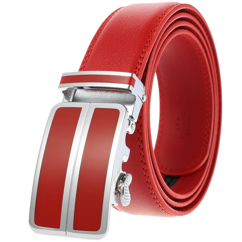 Threebooy  Red Belt Men Luxury Brand Men's Automatic Buckle Ratchet Belt