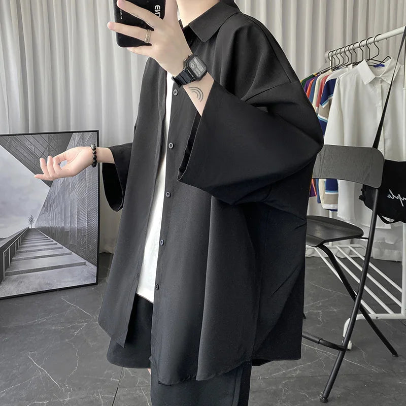Threebooy Told Tale Oversized Men's Shirts Black/White Harajuku Men Seven Sleeves Casual Shirt Tops Summer Daily Streetwear Man Blouse