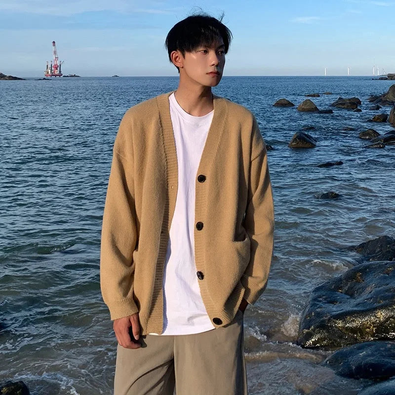 Threebooy  Loose Fit Long Sve V-Ne Knitted Cardigan Men's Autumn Winter Thiened Polyester Fiber Casual Sle Outerwear Coat