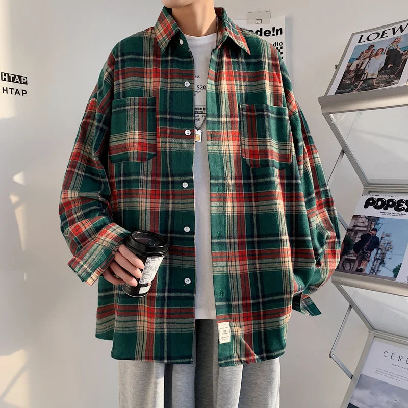 Threebooy  Autumn Long Sleeved Shirt Men Fashion Oversized Plaid Shirt Men Streetwear Korean Loose Casual Shirts Mens Large Size M-5XL
