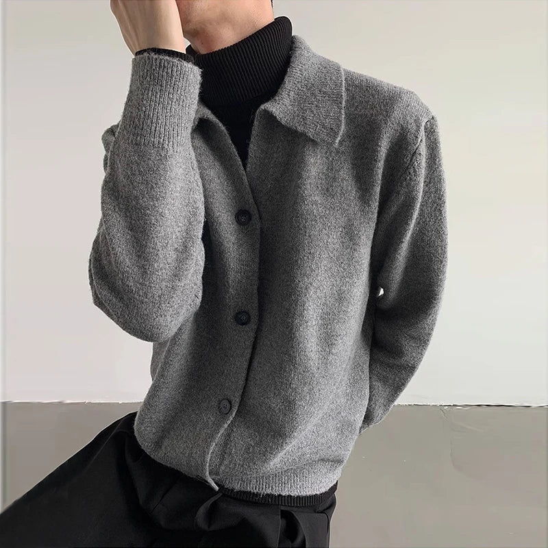 Threebooy  New Korean Fashion Men Cardigan Jacket Light Luxury Knitted Polo Neck Long Sleeve Sweater Coat Casual Retro Solid Color Knitwear