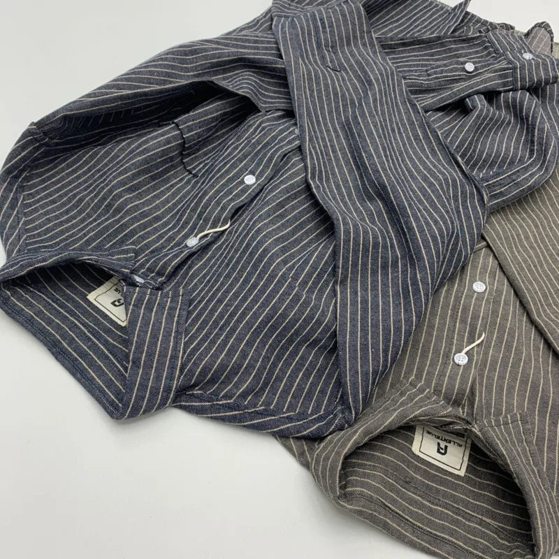 Threebooy  Autumn Cotton Linen Striped Shirt For Men American Retro Breathable Workwear Tops Simple Long Sleeved Loose Cargo Shirt Jacket