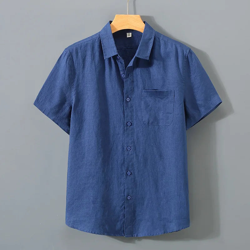 Threebooy Men's Summer Pure Linen Short Sleeved Shirt Chinese Style Casual Breathable Elegant Men Blouse