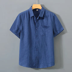 Threebooy Men's Summer Pure Linen Short Sleeved Shirt Chinese Style Casual Breathable Elegant Men Blouse