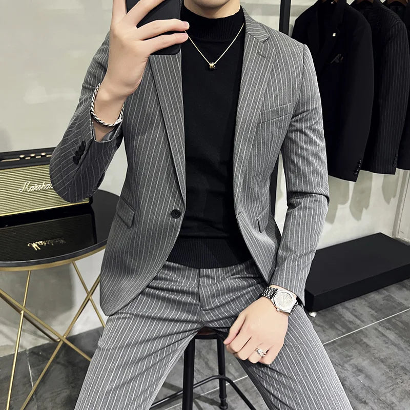 Threebooy (Jacket Pants) Stripe Suits for Men2-Piece Business Khaki Wedding Best Dress Man Tuxedo Slim Fit Formal Blazer Set Custom M-5XL