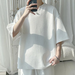 Threebooy  Summer Short Sleeved T-shirt Men Casual Pleated T Shirt Men Streetwear Hip-hop Loose Striped T Shirt Mens Top Large Size 5XL