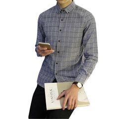 Threebooy  Korean Men Spring Autumn Thicken Shirt Turn-down Collar Plaid Panelled Cotton Long Sleeve Slim Vintage Casual All-match Tops