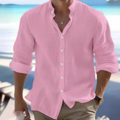 Threebooy  Men's Linen Button-up Shirt Summer Beach Shirt Long Sleeve Plain Stand Collar Casual Everyday Clothing