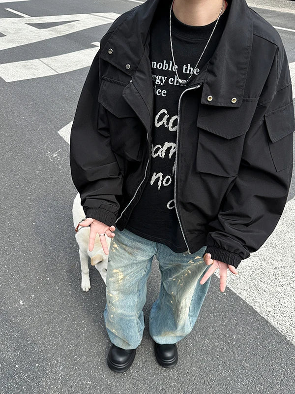 Threebooy Outdoor Work Jacket Men's Spring Autumn American Retro Zipper Coat Silhouette Bomber Handsome High Street Flying Work Jacket