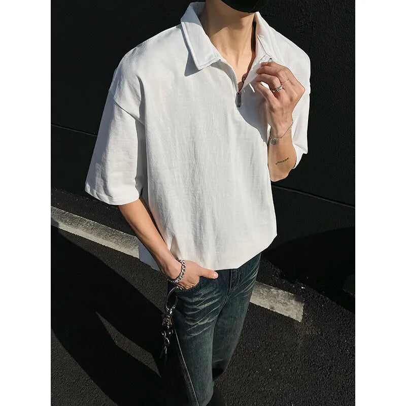 Threebooy  Mens tshirt Loose Fit Half Zip Polo Collar Solid Color Summer T Shirt New Casual  Sports Comfortable Daily Basic Top