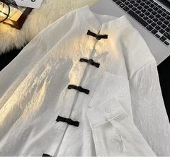 Threebooy Chinese Style Blouse Buckle Stand Collar Shirt Korean 2025 Summer New Trend Embroidered Pattern Vintage Shirt Jacket