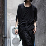 Threebooy 2024 New Men T Shirt Tassel Solid Color Cloak Punk Style Streetwear Fashion Irregular Tops O-neck Loose Casual Cape Camisetas