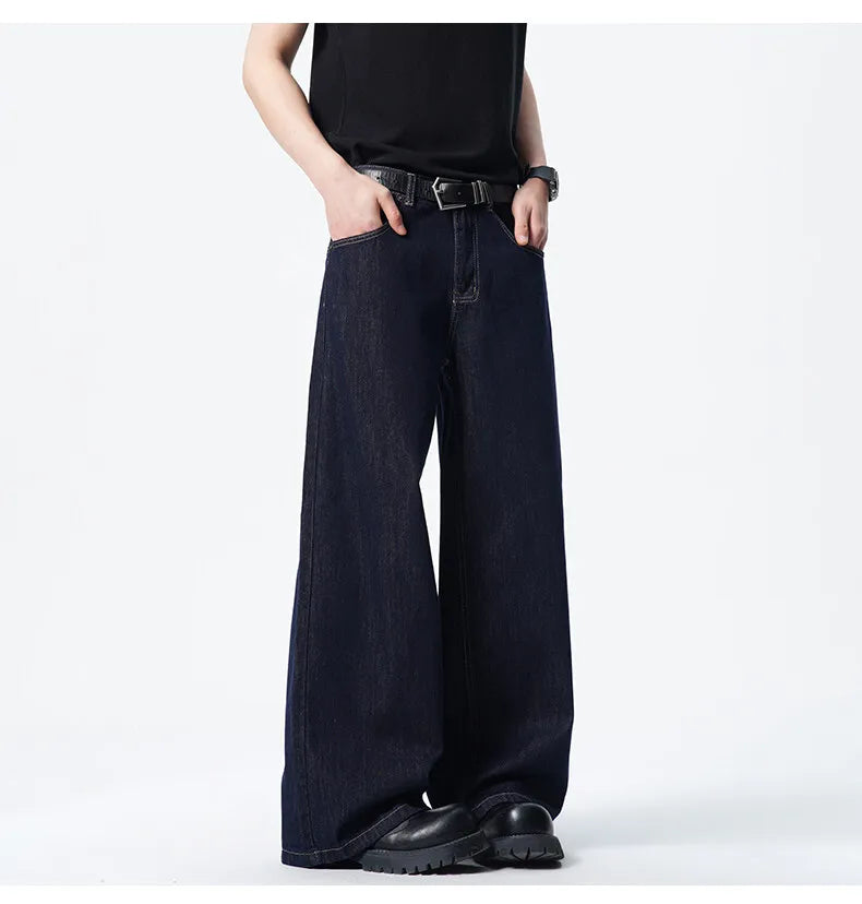 Threebooy Men Dark Blue Loose Drag Floor Length Jeans Classic Straight Leg Denim Pants Wholesale Hot Sale Minimalist Casual Streetwear