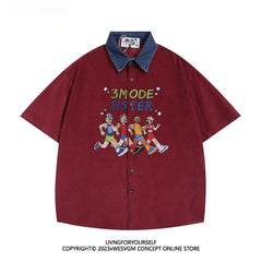 Threebooy  Summer American Retro Athlete Embroidered Spliced denim Neck Short-sleeved Shirt Men Women Loose Trendy Tops Aesthetic Chic