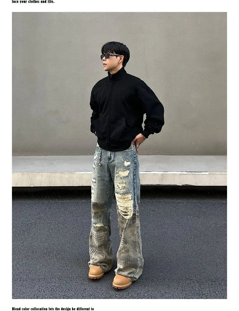 Threebooy American high street men and women trendy washed straight leg jeans for couples loose retro spring and autumn casual pants y2k