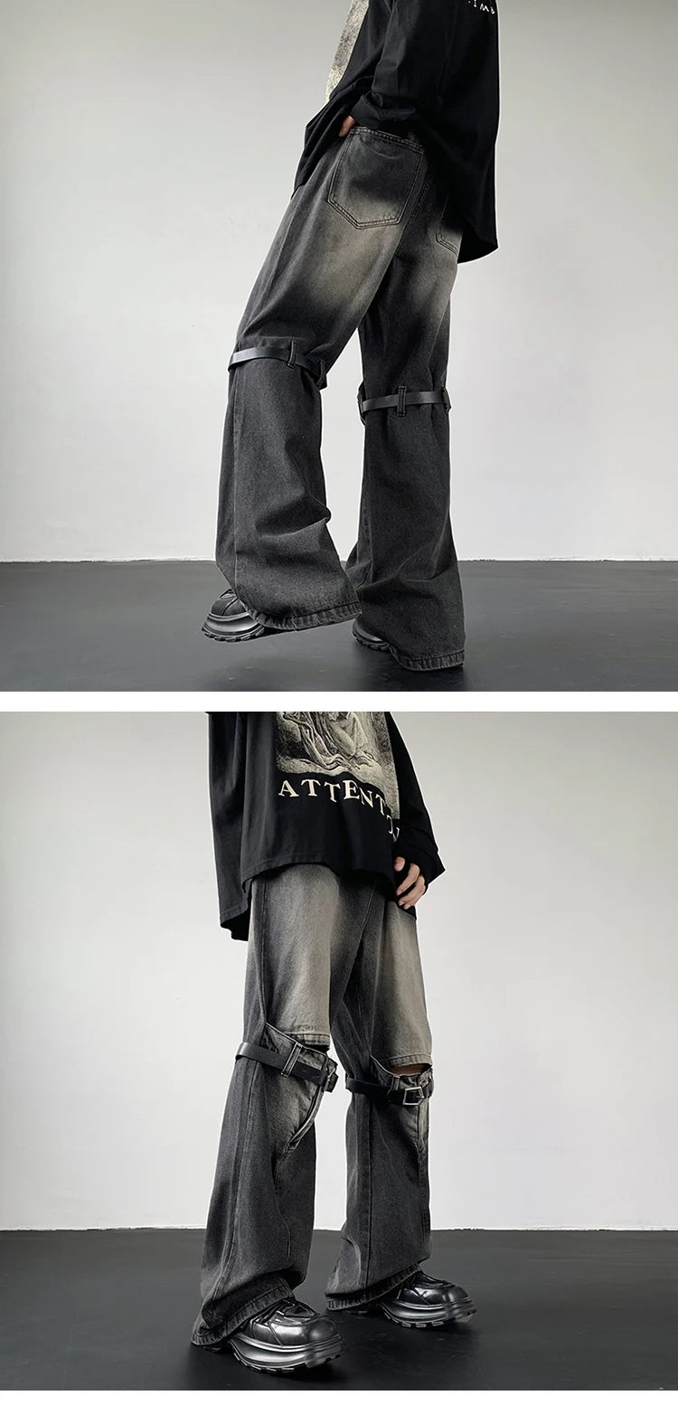 Threebooy Men's Jeans Retro Trousers Knee Holes Splicing High Street Loose Denim Trousers Flared Jeans Straps Cowboy Casual Long Pants