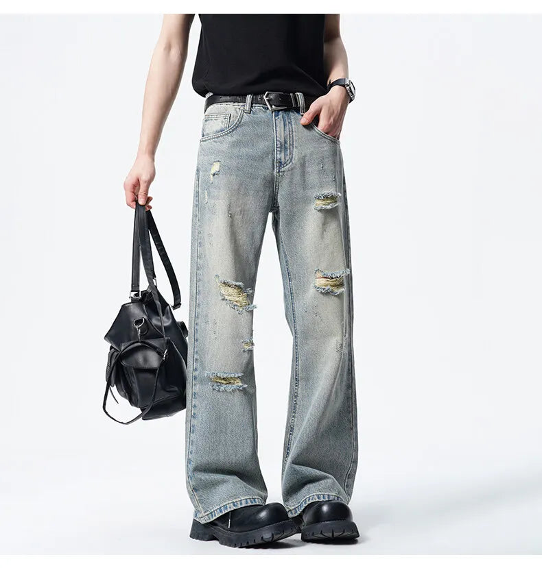 Threebooy Men Straight Leg Vintage Blue Washed Denim Jeans Casual Ripped Distressed Trousers Classic Retro Style Comfortable Streetwear