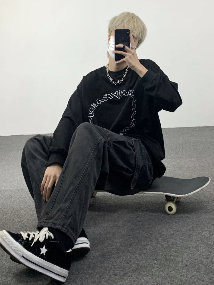 Threebooy Dark Straight Jeans Men's Korean Autumn Winter Kpop Vintage Black Denim Pants Women Popular Washed Loose Cargo Trousers