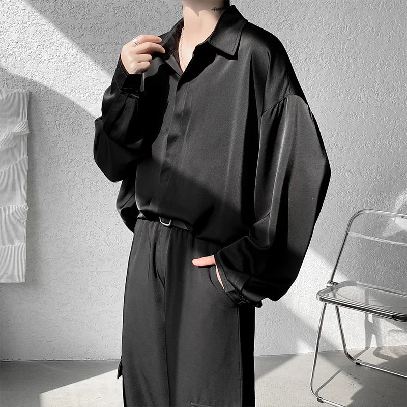Threebooy Korean Fashion Ice Silk Shirts for Men Spring Summer Solid Color Long Sleeve Casual Loose Comfortable Button Up Shirt 5XL-M