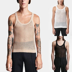Threebooy  Men's Hollow Knitted Sleeveless Vest American Retro Fashion Trend Street Loose Casual Breathable Niche Summer New Men's Tops