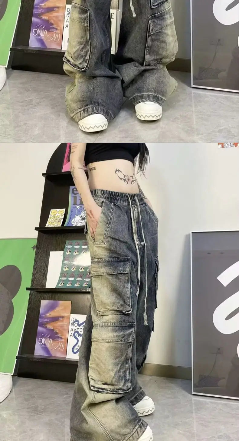 Threebooy Street men and women trendy and personalized hip-hop straight leg washed gradient jeans for couples loose casual Harajuku pants