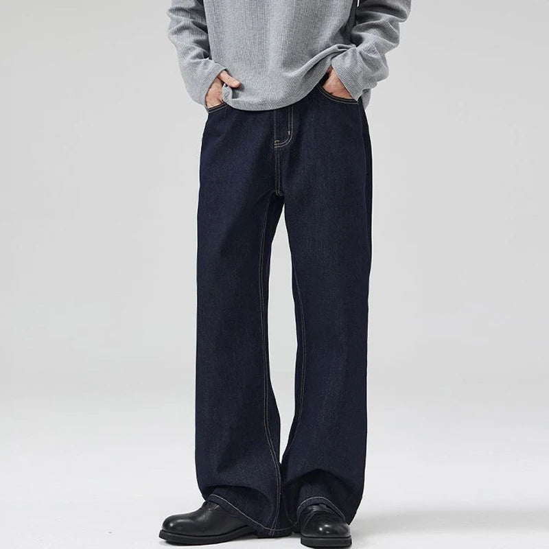 Threebooy Dad Jeans Men Wide Leg Pants Baggy Jeans Loose Straight Cut Dark Blue Male Full Length Trousrs 2025 Spring Mens Clothing
