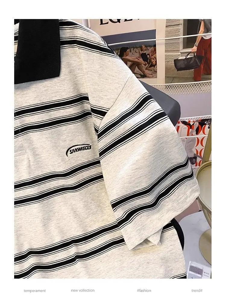 Threebooy High street hip-hop men and women trendy personalized striped polo short sleeved couple summer loose retro casual Harajuku top