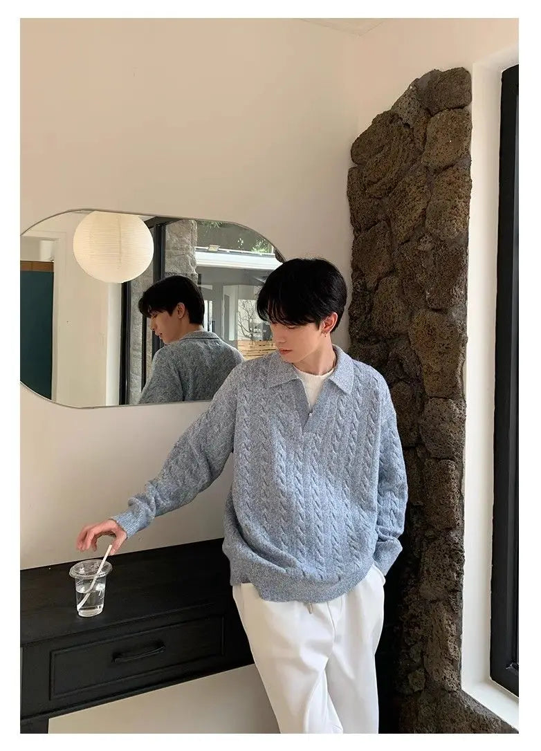 Threebooy Korean style spring and autumn men and women trendy street collar pullover sweater for couples loose retro street casual simple