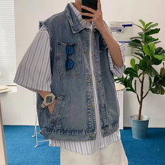 Threebooy Denim Sleeveless Jacket Men Fashion Oversized Harajuku Denim Jeans Casual Jeans Waistcoat Cowboy Hip Hop Streetwear Clothing