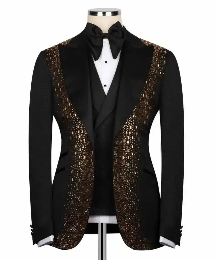 Threebooy  Luxury Men Suit 2 Pieces Beaded Crystal Customized Single Breasted High Quality Groom Wedding  Slim Fit Tuxedos
