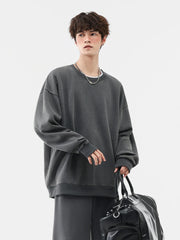 Threebooy Men's Washed Faded Sweatshirts 330GSM Cotton Polyester O-Neck Knit Sports Pullover Tops Street Y2K Oversized Sweatshirts Unisex