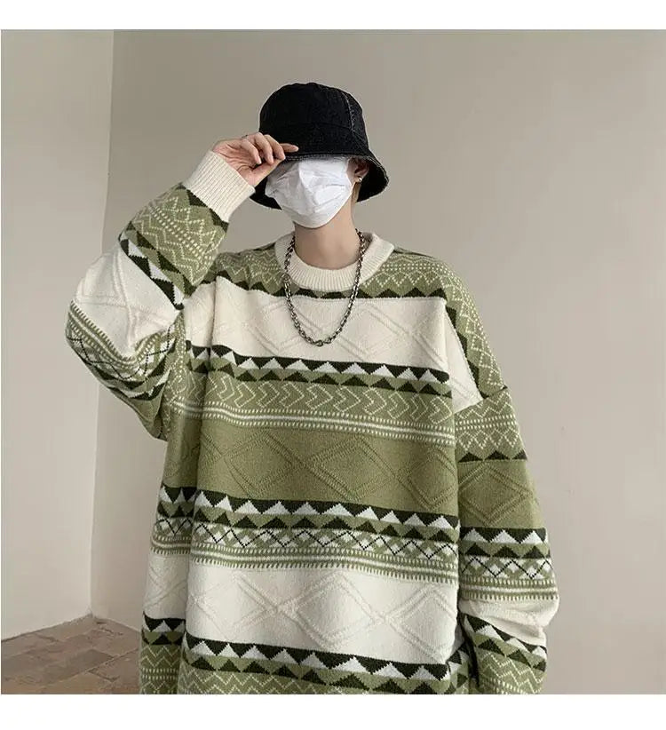Threebooy Autumn and Winter Round Neck Sweater for Men Casual Trendy Brand Streamer Lazy Style Contrast Striped Knitted Sweater