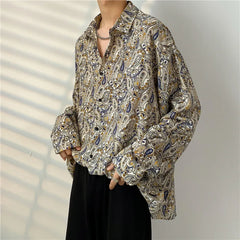 Threebooy Spring Summer New Cashew Flower Print Shirt Korean style Loose Casual Long-sleeved Tee Tops All-Match Blouse Men