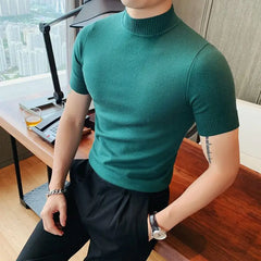 Threebooy  Half Turtleneck Men's T-Shirts Autumn Winter Short-sleeved Sweater Tight Mid-collar Solid Color Thread Slim Base Shirt