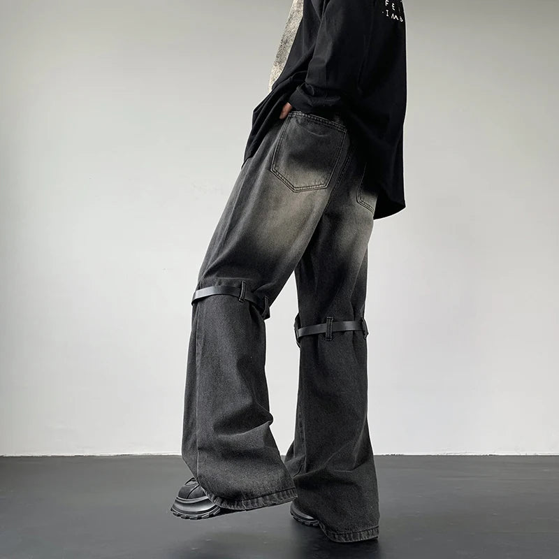 Threebooy Men's Jeans Retro Trousers Knee Holes Splicing High Street Loose Denim Trousers Flared Jeans Straps Cowboy Casual Long Pants