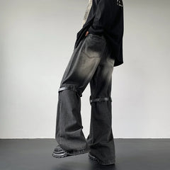 Threebooy Men's Jeans Retro Trousers Knee Holes Splicing High Street Loose Denim Trousers Flared Jeans Straps Cowboy Casual Long Pants
