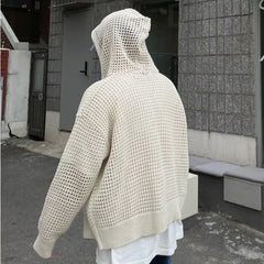 Threebooy Vintage Knit Mesh Coat for Men Hole Hooded Cardigan Long Sleeve Tee Male Casual Autumn Japanese Streetwear Hip Hop