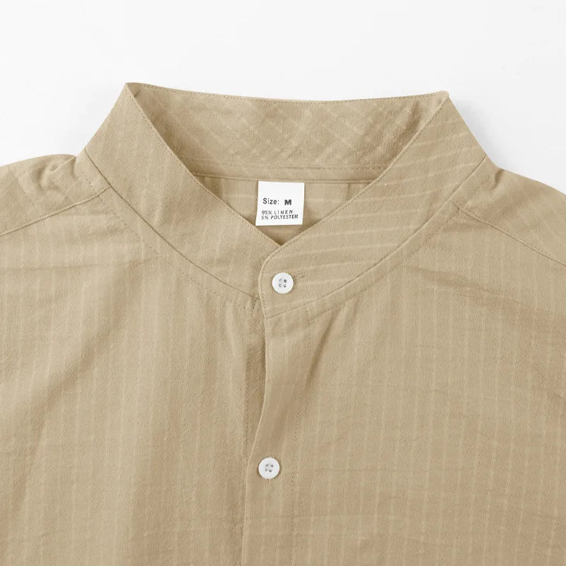 Threebooy 2025 New Autumn New Men's Casual Shirt Business Casual Style Linen Shirt Striped Stand Collar Long Sleeve Cardigan Shirt Men