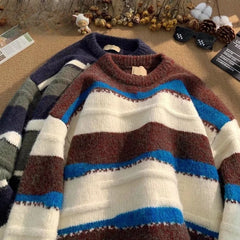 Threebooy Vintage Striped Sweater Men's Book Winter Contrasting Lazy O-neck Knitted Sweater Youth American Base Pullover Men Clothing