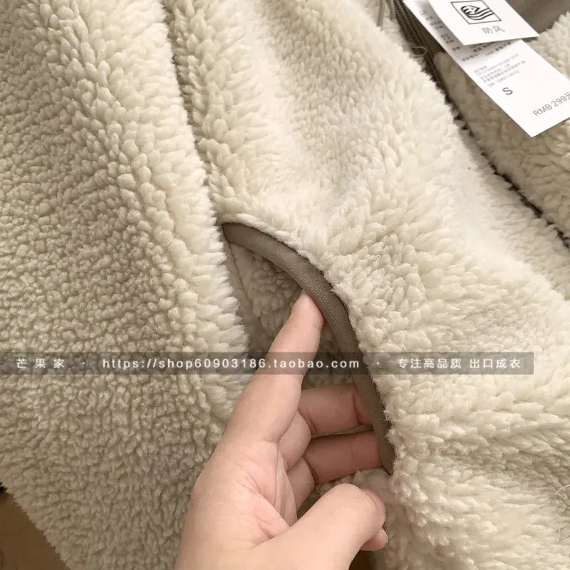 Threebooy Autumn Winter Lambswool Coat Male Loose Windproof Warm Sherpa Stand Collar Polar Fleece Jacket Unisex Simple  Pocket Spliced Top