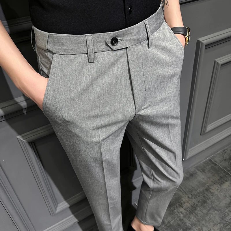 Threebooy  British High Waist Straight Pants Men Social Trousers Pant Italian Mens Formal Pant Pantalones Hombre Dress Ankle Pants 38