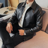 Threebooy  Mens Fashion Leather Jacket Slim Fit Stand Collar PU Jacket Male Anti-wind Motorcycle Zipper Jackets Men 4XL-M