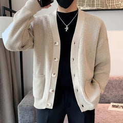 Threebooy Men Cardigan Fashion Luxury Knitted Sweater Coats Trendy Japanese Retro V Neck Long Sleeve Jacket Casual Stylish Knitwear M-3XL