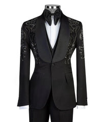 Threebooy  Beaded Crystals Suits For Men 2 Pieces Sets Male Fashion Slim Fit Customized Groom Tuxedos One Button